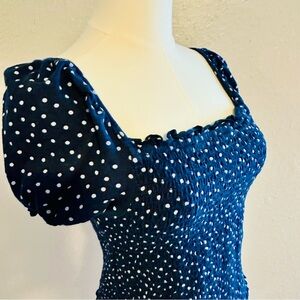 American Eagle Smocked Puff Sleeve Top | Navy Polka Dot Square Neck | Size S